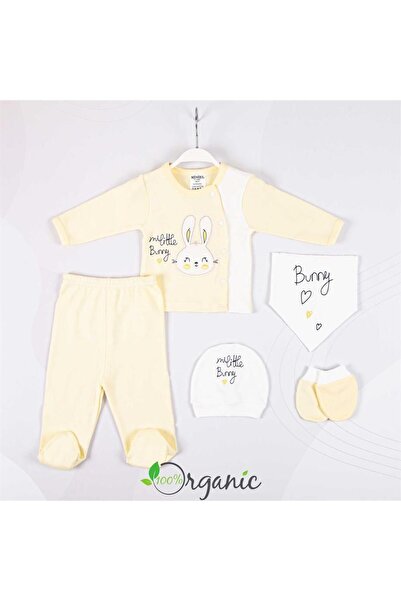 Miniel Yenidoğan Unisex Bebek Little Bunny Nakışlı 5'li Organik Pamuklu Yenidoğan Bebek Hastane Çıkış Seti