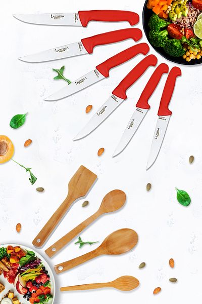 LAZBİSA Silver Series 10 Piece Kitchen Knife and Montessev Wooden Wooden Spoon Set