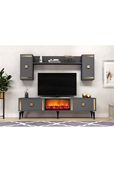 DEMONTE DECOR DORUK ŞÖMİNELİ TV ÜNİTESİ ANTRASİT ALTIN