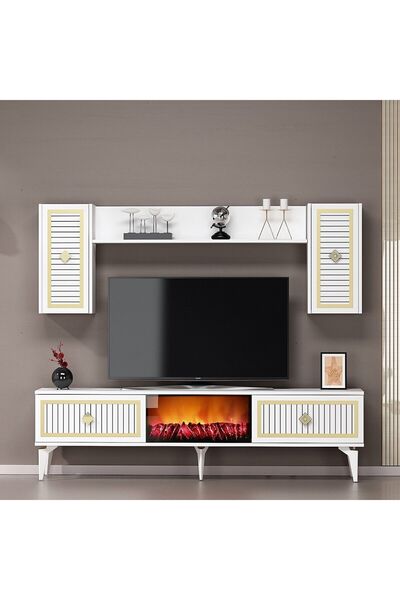 DEMONTE DECOR FLLAME ŞÖMİNELİ TV ÜNİTESİ TAKIMI BEYAZ-ALTIN