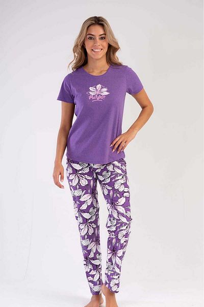 New Pajamas Purple Floral Patterned Women's Pajamas Set - Short Sleeve, Crew Neck, Oval Skirt