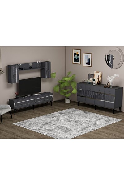 DEMONTE DECOR İpek 180 Cm Tv Ünitesi Ve Konsol 2'li Salon Takımı Antrasit-gümüş