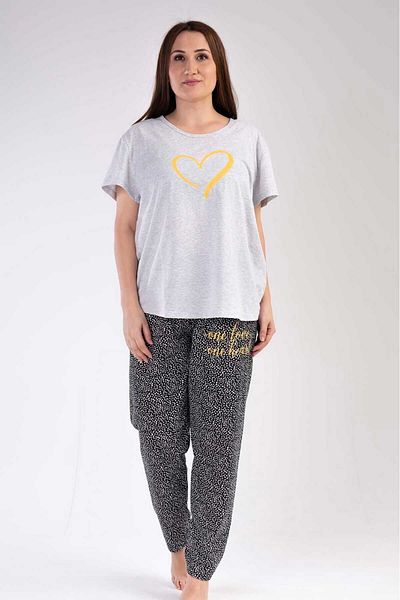 New Pajamas Set de pijamale din jerseu cu mânecă scurtă cu model de inimă gri, cu fustă ovală - decolteu
