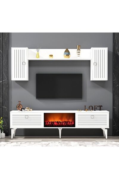 DEMONTE DECOR ARONA TV ÜNİTESİ ŞÖMİNELİ BEYAZ
