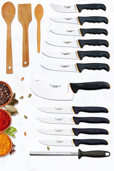 LAZBİSA Platinum Series Kitchen Knife Set Pastry Knife Masat and Montesev Wooden Wooden Spoon Set (15 Pieces)