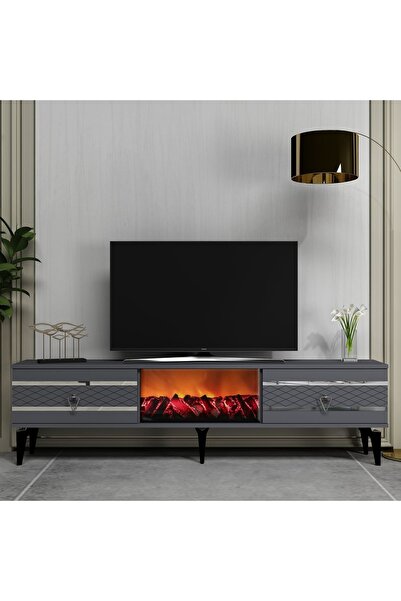 DEMONTE DECOR PELİN TV SEHPASI ŞÖMİNELİ ANTRASİT-GÜMÜŞ
