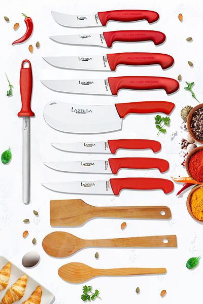 LAZBİSA Silver Series 12 Piece Kitchen Knife Set - Masat, Montesev and Wooden Spoon