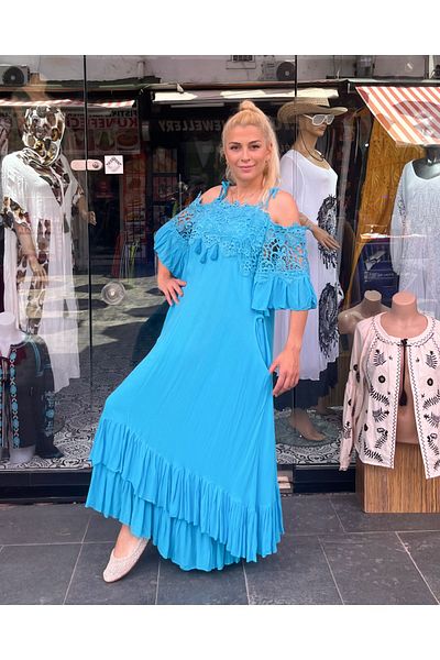 Sosyete Kaplumbağa Authentic Voile Cotton Strapless Guipure Detailed Turquoise Maxi Dress with Pockets