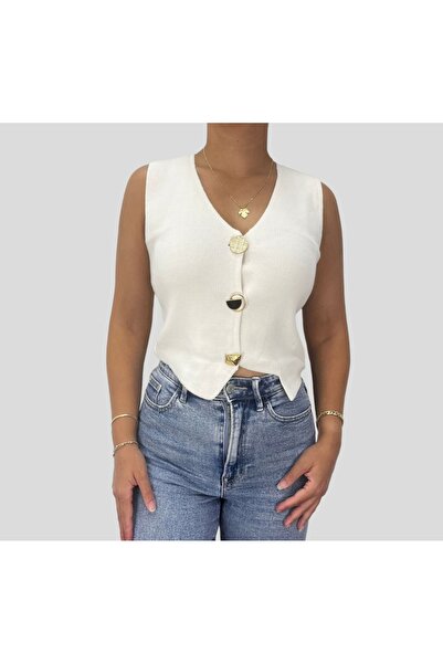 ABAS Krem V Yakalı Şık Düğme Detaylı Crop Triko Yelek - ABYLK-KR103