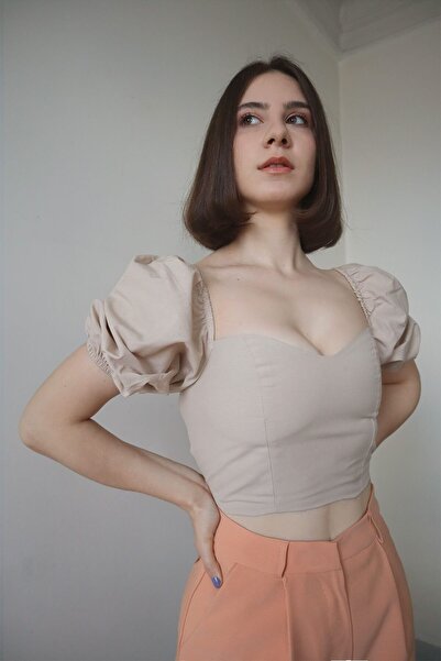 MARSEPTUN More-107 Sırt Dekolteli Bej Balon Kol Gömlek