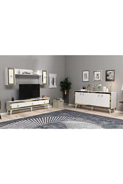 DEMONTE DECOR Ponny 180 Cm Tv Ünitesi Ve Konsol 2'li Salon Takımı Beyaz-altın