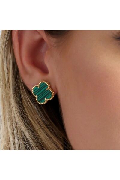 Shine All Day by Sevgi 925 Ayar Gümüş Gold Kaplama Malakit Taşlı  Yonca Küpe