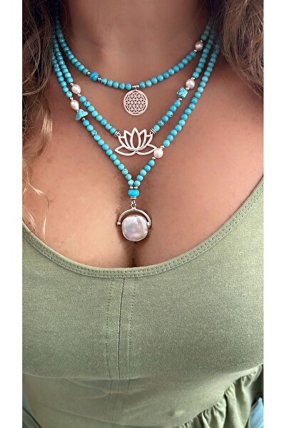 splashtakı 925 Ayar Gümüş Kolye Kombin Yaşam Çiçeği Lotus Çiçeği Doğaltaş Sedef İnci Turkuaz Kombin Kolye