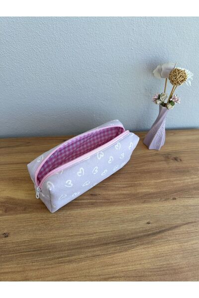 minyaturhayalim Lila kalp desenli kalemlik boy makyaj çantası (iç astarı pemb...
