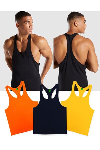 Ghedto Gym Fitness Tank Top Sporcu Atleti 3lü Set Sarı Siyah Turuncu