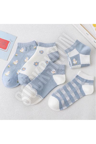 SOCKSHION Γυναικεία μποτάκια με σχέδιο Blue Daisy Κάλτσες 5 ζευγάρια Σετ κάλτσες