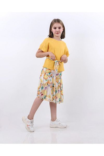 Kamex Set pentru fete cu bluză din muselină muștar și fustă din șifon