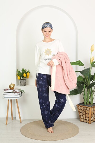 Tamay Boxer طقم شتوي مكون من 3 قطع - ثوب صباحي، ثوب صباحي ناعم بغطاء للرأس، بيجامة سفلية من الصوف، بلوزة مطرزة من القطن الممشط