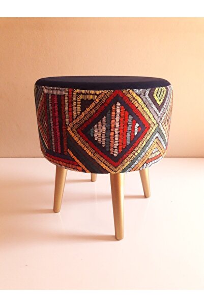 ALBATROS Gürgen Retro Ahşap Ayaklı Dekoratif Etnik Üst Lacivert Desenli Silindir Puf Bench Koltuk Sandalye