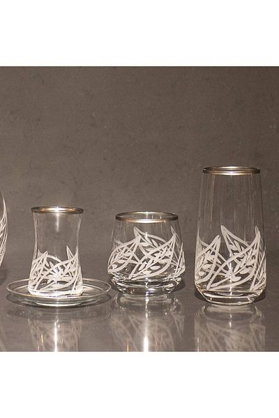 sudeka 12 Person 49 Piece Leaf Hand Decorated Silver Glass Water Cup and Soft Drink Cup Set
