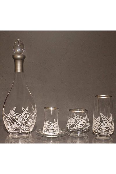 sudeka 12 Person 49 Piece Leaf Hand Decorated Silver Glass Water Cup and Soft Drink Cup Set