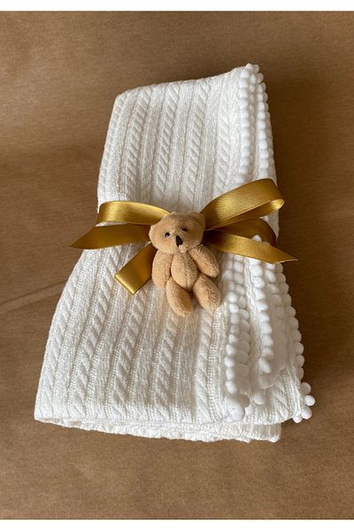 tiny wood Ecru Patterned Knitwear Baby Blanket - 100X120 cm Organic Cotton