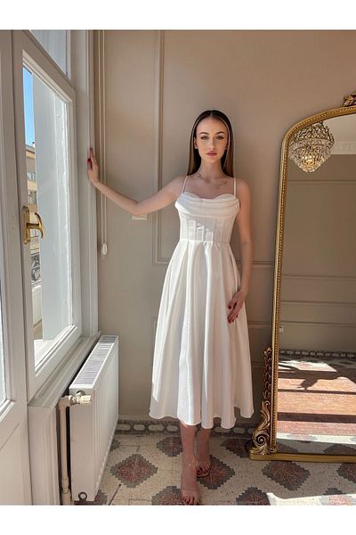 seri creation Organza Satin Midi Μήκος Βραδινό Φόρεμα Νυφικό Αρραβώνας Αποφοίτηση
