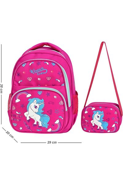 Waddell Geantă de școală pentru fete de școală primară cu trei compartimente unicorn roșu