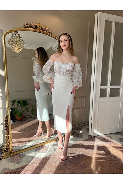 seri creation Μίντι Φόρεμα Bubble Sleeves - Λεπτομέρεια στήθους και μανίκι
