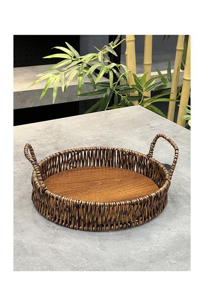 Doğudeko 22 cm Diameter Retro Round Wicker Presentation Tray