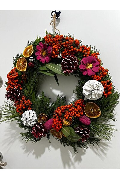 Doğal Tasarım Yılbaşı Canlı Kapı Süsü Çelengi Canlı Çam Dalı Zamanla Dökülme Yapar