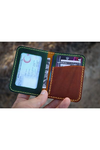 Derici Amca Green and Tan Leather Minimal Id Wallet - Handmade Card Holder