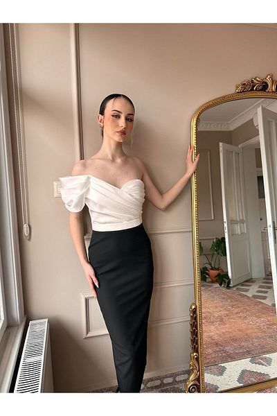 seri creation Βραδινό φόρεμα με έναν ώμο διπλό χρώμα Midi μήκους Φόρεμα γάμου αρραβώνων Αποφοίτηση