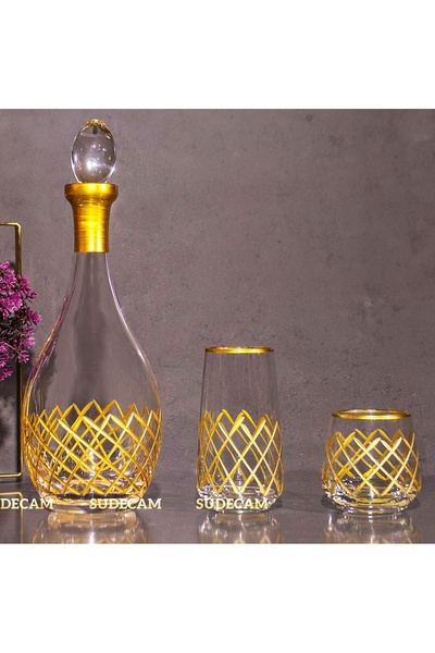 sudeka 25 Parça 12 Kişilik Kare El Dekor Kesme Gold Cam Su Bardak Takımı,Meşr...