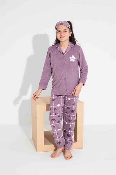 Tarık Girl Teenager and Child Daisy Pattern Front Button Long Sleeve Fleece Winter Warm Pajama Set