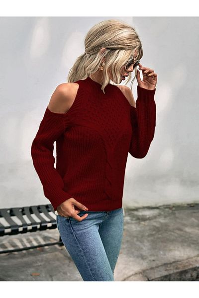AQE FASHION Pulover de tricotaj cu gât roșu Claret - Detaliu de tricotat de păr Thessaloniki pe umeri