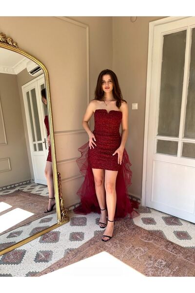 Genel Markalar Straplez Boncuk Işlemeli Volanl Kuyruklu Abiye Elbise Düğün Nişanlık Mezuniyet