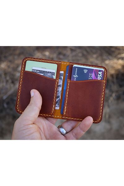 Derici Amca Genuine Calf Leather, Handmade Minimal Vertical Card Holder Wallet 4 Compartments Pocket Small Camel