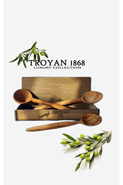 TROYAN 1868 DOĞAL ZEYTİN AĞACI 3 PARÇA KEPÇE VE TAHTA KAŞIK SETİ AHŞAP KUTUDA...