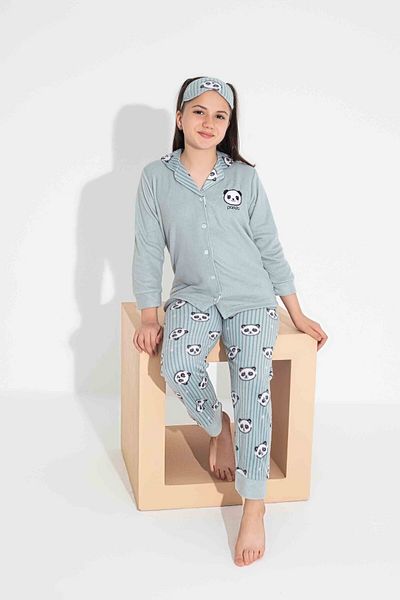 Tarık Panda Patterned Girl's Teenager and Children's Fleece Winter Pajamas Set - Long Sleeve, Buttoned Front
