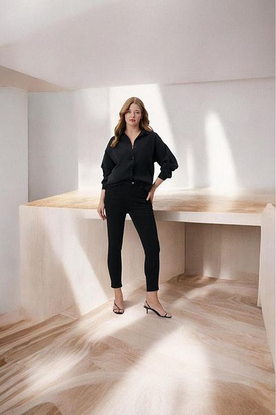 Sezka Life Blugi negri skinny - talie înaltă, lycra elastică, pantaloni strânși cu strângere interioară din denim