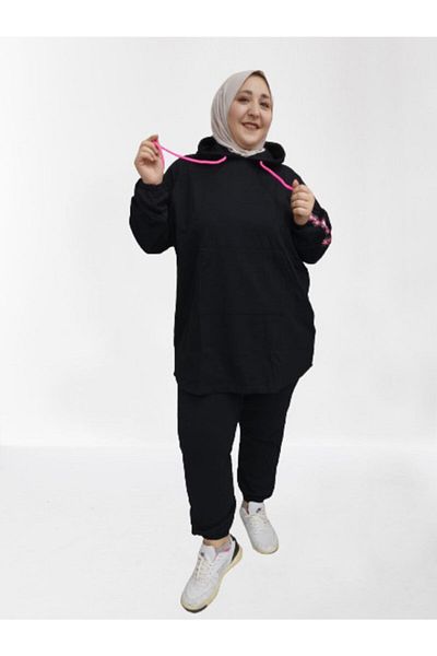 CNG MODA Large Size Hijab Oversize Model Black Pink Highlighter Tracksuit Set