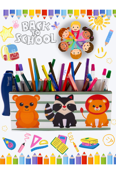 Deep Craft DeepCraft Ahşap Çocuklar İçin Masa Üstü Kare Kalemlik & Organizer-...