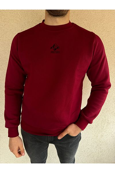 Mesh Men's Premium Sweatshirt - Crew Neck, Mountain Embroidery, Soft Winter