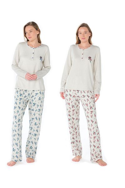 Feyza Pijama Set de pijamale clasice cu mâneci lungi, cu imprimeu floral, crocant