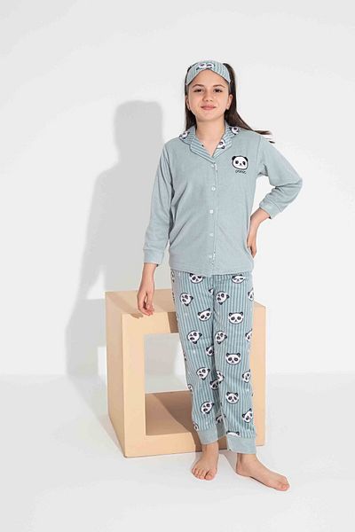Tarık Panda Patterned Girl's Teenager and Children's Fleece Winter Pajamas Set - Long Sleeve, Buttoned Front