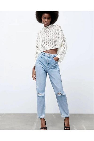 Sezka Life Blugi din denim albastru deschis cu talie înaltă cu deschidere la genunchi - Blugi oversize
