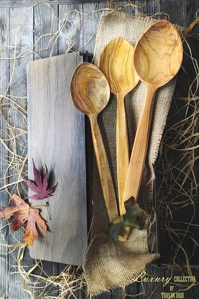 TROYA Natural and Quality Handcrafted Olive Wood 3-Piece Wooden Spoon Set in Wooden Box30 cm, 27 cm and 24 cm