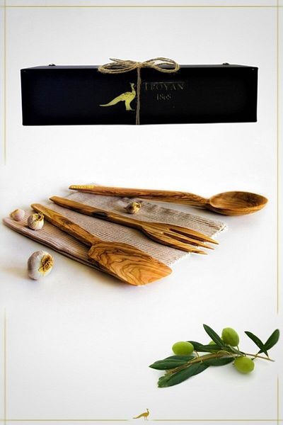 TROYA 1.Grade Handcrafted Olive Wood Large Size Fork-Spoon Spatula Set in Wooden Box