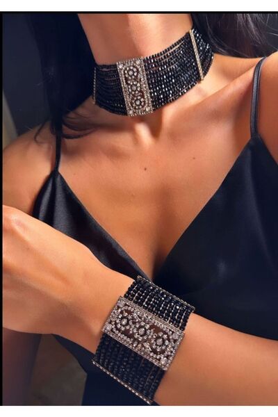 TMD AKSESUAR Daisy Diamond Mounted Antique Bronze Black Imported Czech Crystal Collar Necklace and Bracelet